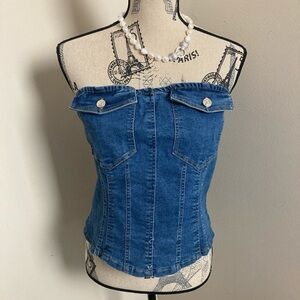 Elegant Blue Denim Strapless Top